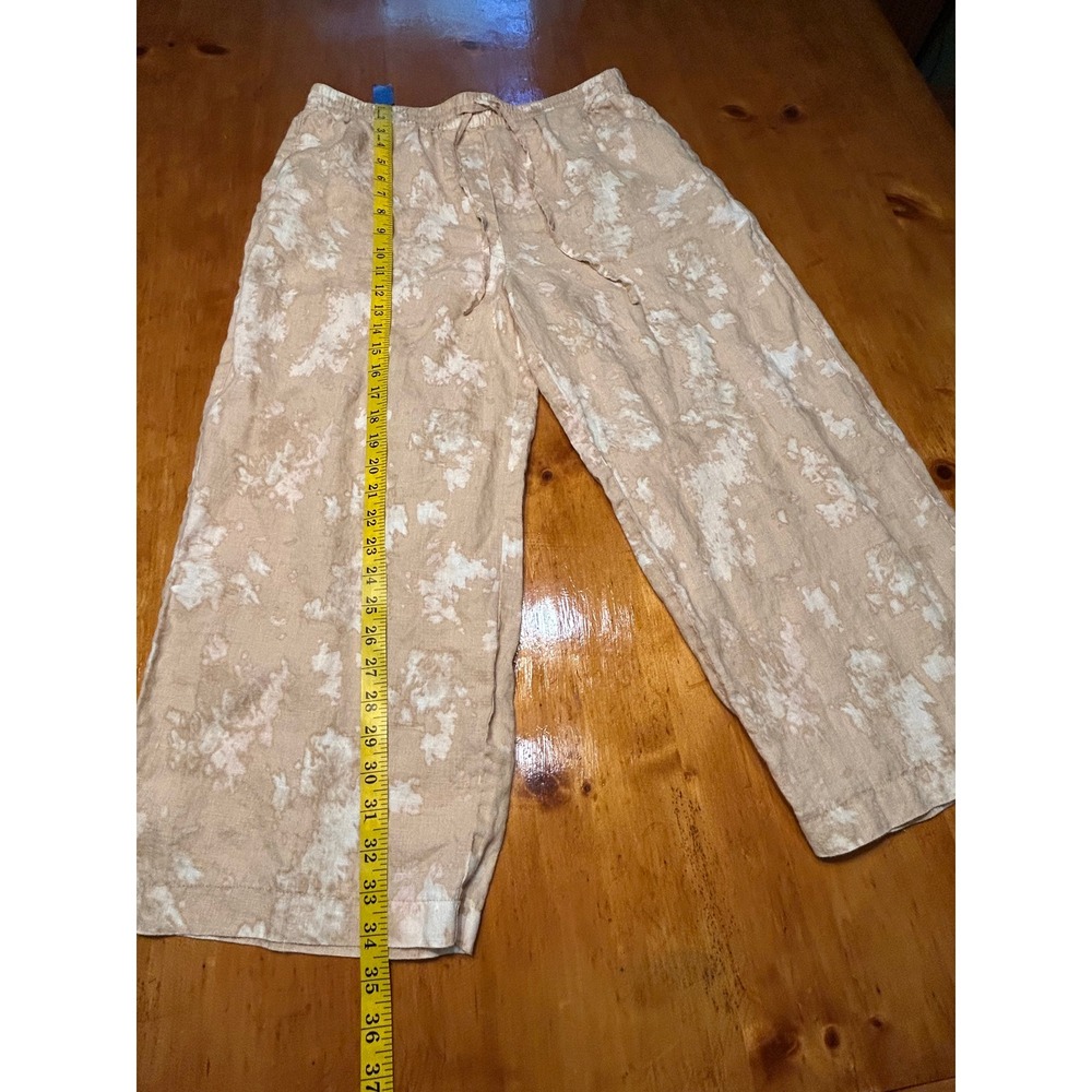 DKNY Pure 100% Linen Boho Chic Wide Leg Drawstring Pants Tan White Tie Dye Print - Picture 4 of 10